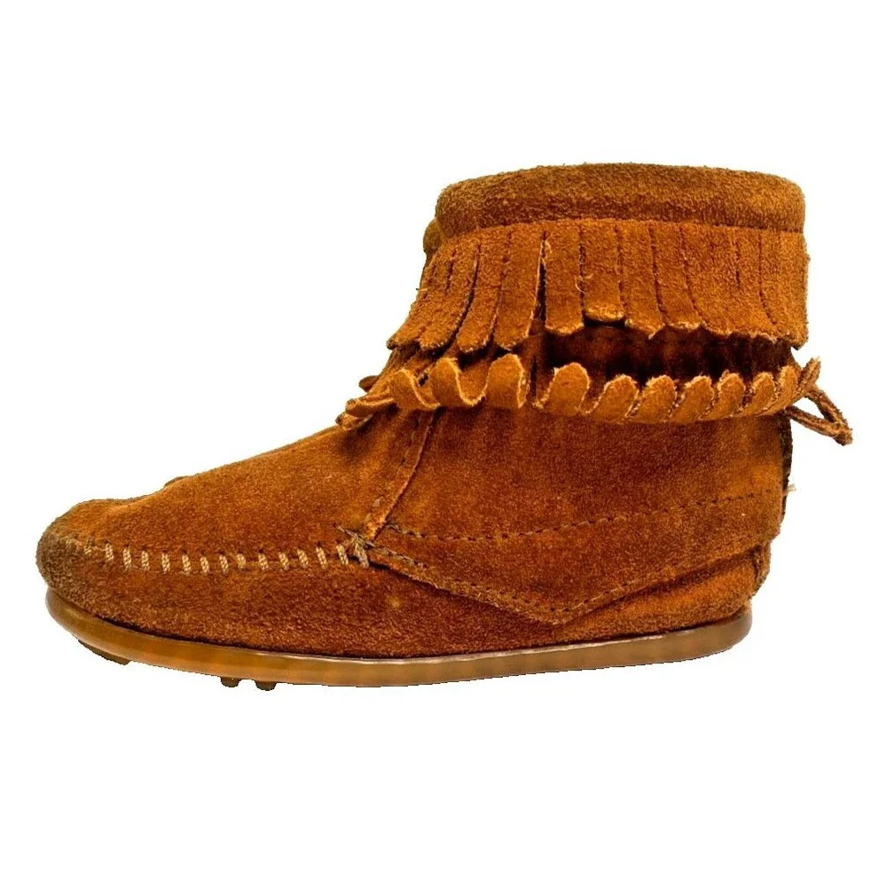 Minnetonka Girl's Brown Suede Leather Fringe Ankle Boots Moccasin Zipper -Sz 9T